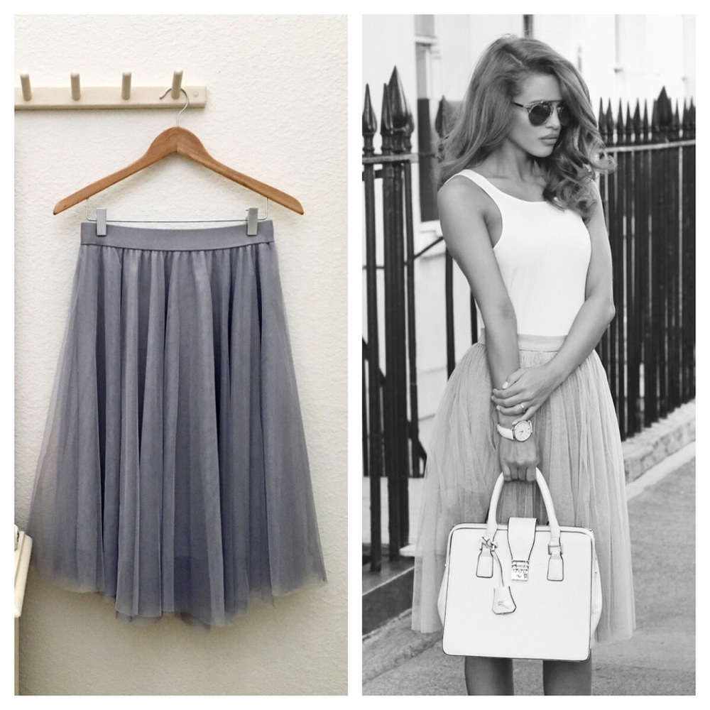 Gray Sheer Multi Layered Tulle Midi Skirt, Lined